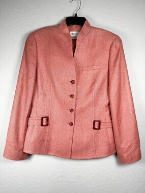 Vintage Worth Silk Tweed Blazer Jacket Womens 8 Coral Pink Herringbone Lined 90s